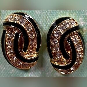 Retro Vintage 1980’s Dynasty-Style Black Enamel, Rhinestone & Goldtone Earrings!